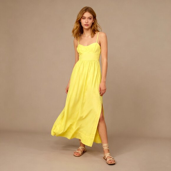NWOT Farm Rio Linen Blend Yellow Sleeveless Midi Dress Size L